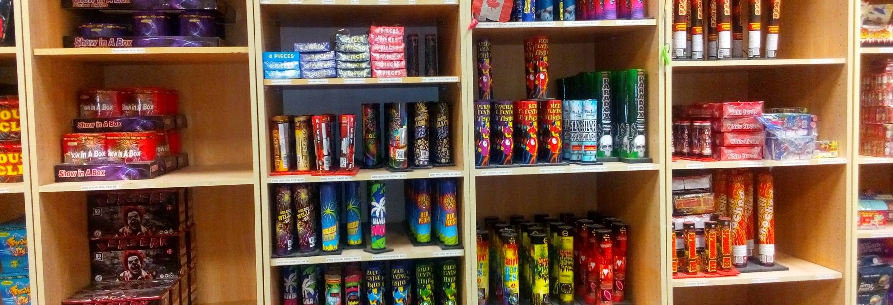 display fireworks for sale on display on shelves