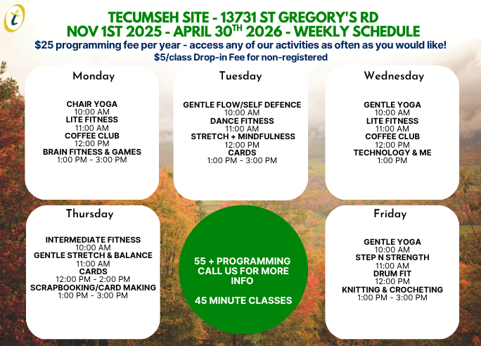 Seniors Active Living Centre Schedule Nov 2025- April 2026